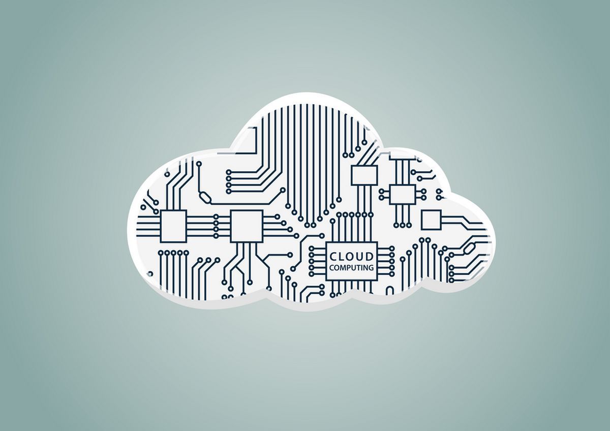 Ilustración de una forma de nube integrada con un patrón de placa de circuito digital, que representa la tecnología de computación en la nube.