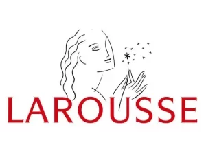 La imagen muestra el logotipo de Larousse, que presenta un dibujo lineal de una persona que sopla formas parecidas a estrellas con su mano, con "LAROUSSE" escrito en letras rojas en negrita debajo de la ilustración.