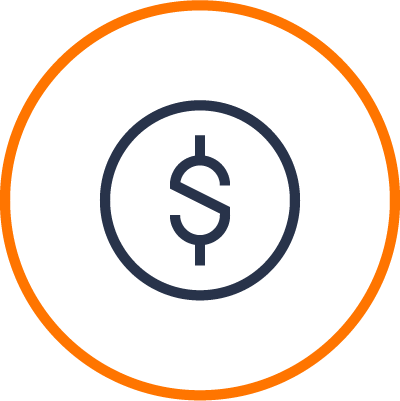 Un signo de dólar azul oscuro dentro de un círculo, delineado por un anillo naranja sobre un fondo blanco.