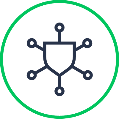 Un ícono de escudo con seis nodos conectados rodeados por un borde verde, que simboliza la seguridad o protección de la red.