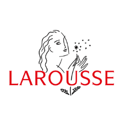 Logotipo de Larousse que presenta un dibujo de la cabeza de una persona de perfil soplando semillas de un diente de león, con la palabra "Larousse" en letras mayúsculas rojas debajo del dibujo.