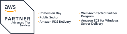 Logotipo de AWS Partner Advanced Tier Services que presenta servicios como Immersion Day, Public Sector, Amazon RDS Delivery, Well-Architected Partner Program y Amazon EC2 para Windows Server Delivery.