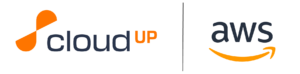 Logotipos de CloudUp a la izquierda y AWS a la derecha, ambos en colores negro y naranja, con el logotipo de CloudUp que presenta una nube estilizada y el logotipo de AWS que incluye una sonrisa de flecha curva.