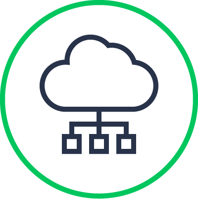 Ícono de una nube conectada a tres nodos, rodeada por un anillo verde, que representa la computación en la nube o la conectividad de red.
